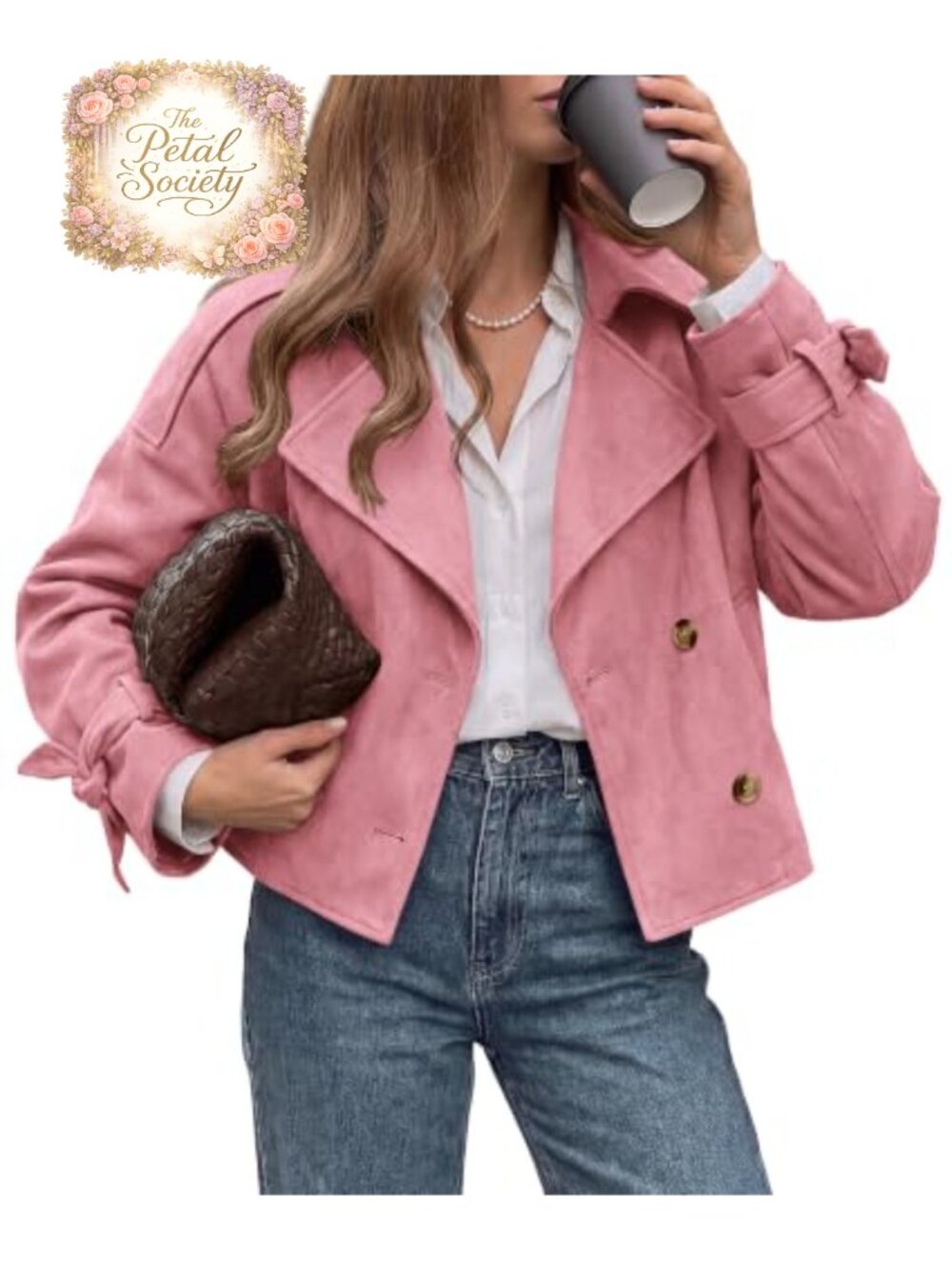 Faux Suede Double Breasted Cropped Trench Coat Casual Jacket